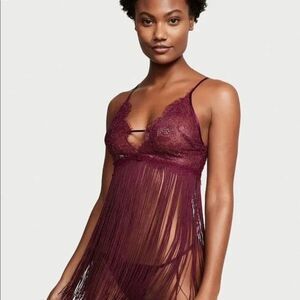 Victoria's Secret Babydoll Fringe Slip Top Burgundy Sz L Lace Intimates Whimsy